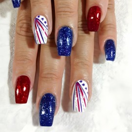24Pcs 4th of July Press on Nails Medium Square Coffin Fake Nails with Star and Red Blue Stripe Design Acrylic Nails Glitter Independence Day False Nails Sparkly Glue on Nails DIY for Women Decoration