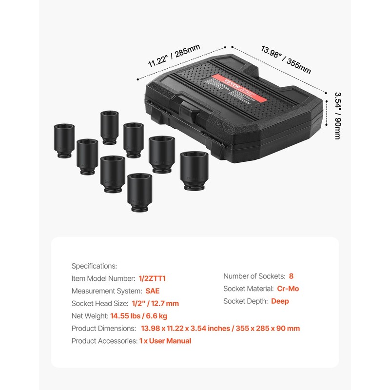 VEVOR Axle Nut Impact Socket Set - 1/2" Drive Deep
