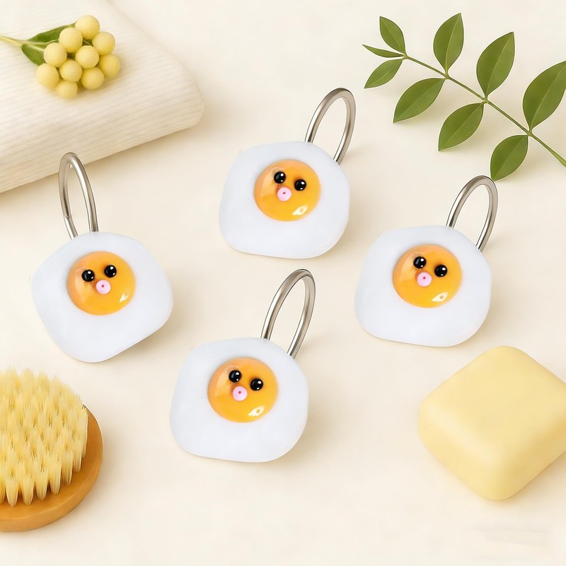 12 Pcs Fried Egg Shower Curtain Hooks, Cute Resin Decorative
