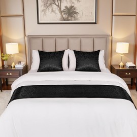Cobedzy Black Satin Bed Runner for King Size Beds(1.8m), 50 x 240cm(20" x 94") Jacquard Bed Scarf Satin Bedding Scarves for Hotel, Home, Guesthouse
