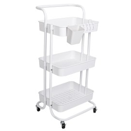 3-Tier Rolling Utility Storage Cart with Lockable Wheels & 360 Degree Rotatable Hanging Box Hooks Mesh Baskets OrganizerType: 3 Tier, color: White Color