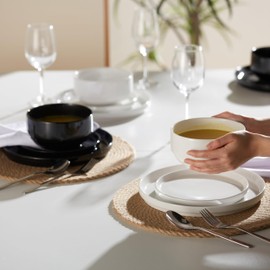 Kook Ceramic Dinnerware Set, 12-Piece Service for 4, Soup Bowls (31.5 oz), Salad Plates (7.5"), Dinner Plates (10.5"), Round, Microwave and Dishwasher Safe, Marshmallow