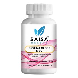 Biotina 10,000 mcg + Colageno Hidrolizado + Acido Hialurónico + Citrato de Magnesio | Saisa Herbal | 100 Cápsulas | Suplemento Alimenticio Calidad Premium | Cabello, Piel, Uñas y Articulaciones