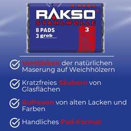 RAKSO Steel Wool Coarse 3-16 Pads - 2 x 8 Pieces Reinforced Natural Grain of Wood, Cleans Glass, Roughens Up Old Varnish, Paint