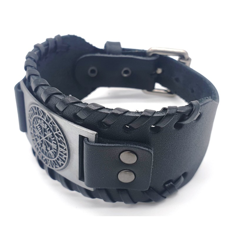 Vikings Vegvisir Viking Compass Leather Bracelet Metal Black Silver, Zinc