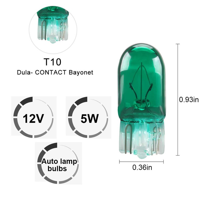 Yifengshun T10 Small Halogen Light Bulb Green,Super Bright 194 W5W