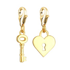 Key and Lock Charm Pendant 925 Sterling Silver Gold-Plated for Women, Charms Pendant Set Golden with Heart Element in the Sign of Love, Fits All Standard Charm Bracelets and Charm Bracelets, Sterling