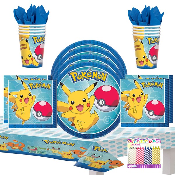 Pokémon Paquete de suministros de fiesta para 16: platos de 7 pulgadas, servilletas de bebidas y cubierta de mesa con velas de cumpleaños (paquete para 16)