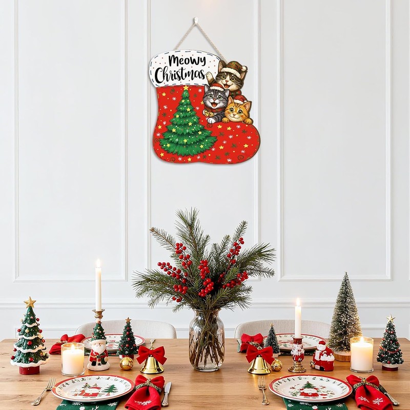 Meowy Christmas Wood Sign Merry Christmas Wall Hanging for Front