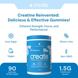 Create Creatine Monohydrate Gummies for Men & Women, Boost Focus, Strength, and Endurance, Anti-Melting Formula, Vegan, Gluten-Free, Non-GMO, 1.5g of Creatine per Gummy (Blue Raspberry, 90 ct)