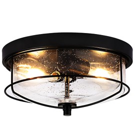 foucasal Black Flush Mount Ceiling Light with Seeded Glass Shade, Farmhouse Outdoor Ceiling Light Fixtures 2-Light Metal Cage Ceiling Lights for Porch