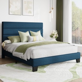 MUTICOR Full Size Fabric Upholstered Platform Bed Frame with Headboard, Heavy Duty Solid Wood Slats, No Box Spring Required, Easy Assembly, Navy Blue