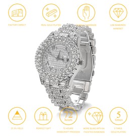 Halukakah Moissanite Diamonds Gold Watch Iced Out, Men's Roman Numerals 18K Real Gold/Platinum Gold-Plated Quartz Bracelet 24 cm, with Cuban Chain Bracelet Necklace Set Options, with Gift Box,