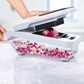 BASSWOOD Vegetable Chopper with Container, Cheese Grater Hand Crank, Box Mandoline Slicer Food Cutter Shredder Mandolin for Veggie Onion Salad Fruit Potato