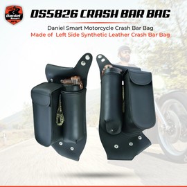 Daniel Smart Motorcycle Leather Crash Bar Bag Left Saddlebag Guard bag with Water Bottle Holder Snap Closure. (CRASH BAR BAG LEFT SIDE)