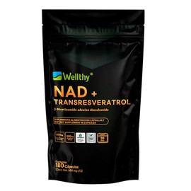 Wellthy NAD+ y Tranresveratrol 180 Caps. Nicotinamide Adenine Dinucleotide, Resveratrol de Alta Biodisponibilidad, 1000mg Por Porción, VCaps Cápsulas Veganas, Bottle Free