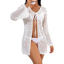 WDIRARA Women's Hollow Out Tie Front Beach Kimono Long Sleeve See Through Solid Crochet Cover Up, White, Large