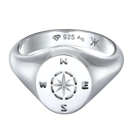 Kuzzoi 0605980624 Men's Silver Ring with Compass Wind Rose Symbol 925 Sterling Silver Maritime Signet Ring for Men in Ring Size 60 - 66, Sterling Silver