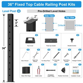 RailinGo 36" Cable Railing Post Kits, Fixed Top Cable Post System Includes 2Pack Black Level Drilled Posts, 1/8" Black Wire Rope with Cutter, Swageless Cable Railing System Kit(No Handrail), RG21