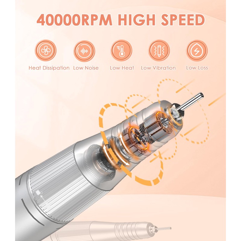 Portable Electric Nail Drill Machine: 40000RPM Professional E-File, Rechargeable Cordless