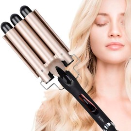 Rizador De Cabello Automático Con Triple Tubo De Cerámica Anti-Frizz Y Temperatura Ajustable Ideal Para Ondas Suaves Y Rizos Duraderos Apto Para Todo Tipo De Cabello (DORADO)