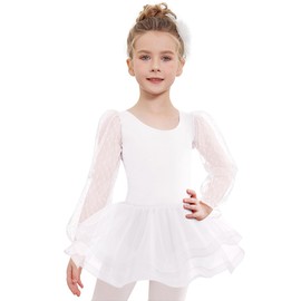 Arshiner Ballet Clothing Girls Puff Long Sleeve Children's Ballet Dress Ballet Suit Dance Dress Tutu Ballet Dance Body with 4-Layer Tutu 2-8 Years, White, 140