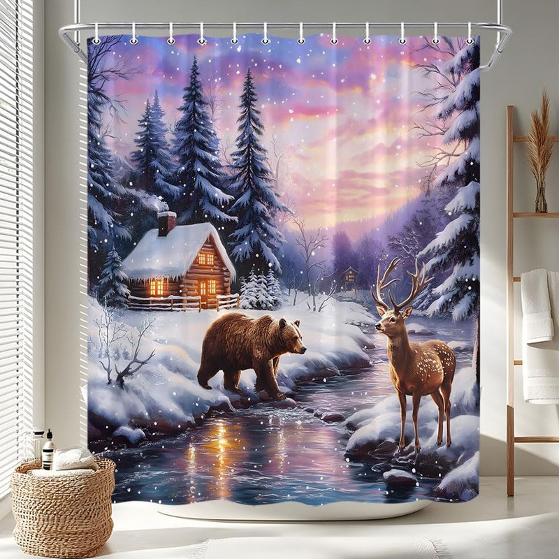 Winter Forest Animal Shower Curtain Deer Bear Merry Christmas Snow