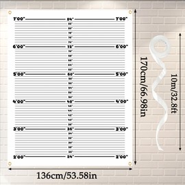 Mugshot Backdrop Photo Booth Banner 4.5 x 5.6 FT, Mug Shot Backdrops with Grommets & Ribbon, Police Lineup Height Chart Photography Background for Bachelorette Party & Costume Events