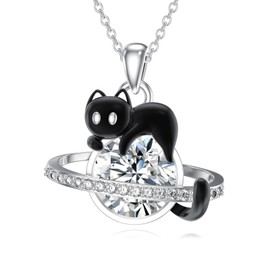 OUTANG Apr Birthstone Planet and Black Cat Necklace for Women 925 Sterling Silver 1.2mm Cable Chain and Pendant Ladies Jewelry Gift