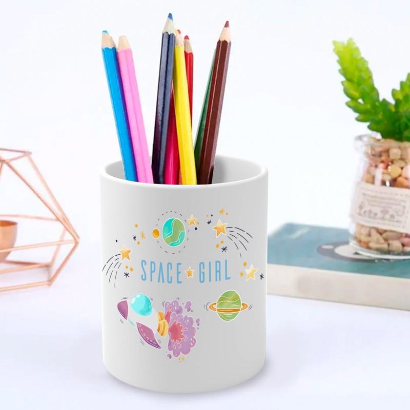 Fabulous Ceramic Pen Pot - Space Girl Rocket Moon Planet