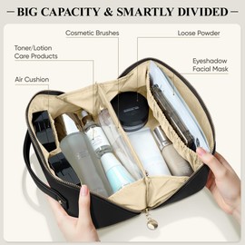 MSTONAL Travel Makeup Bag, Large Capacity Cosmetic Bags for Women, Waterproof Portable Pouch Open Flat Make up Organizer Bag with Dividers and Handle, Toiletry Bag for Essentials, Large Size, Black
