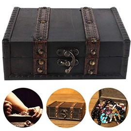 Wooden Storage Box with Lock Vintage Treasure Chest Box Desktop Jewelry Craft Collection Case Photographic Prop (Storage Box)