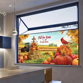 HOMETITUTE Stained Glass Window Film 39.3×17.7 Inchs Cross Fall for Jesus Window Privacy Film Autumn Pumpkin Glass Windows Decorative for Home Living Room Sun Blocking Static Cling Sticker