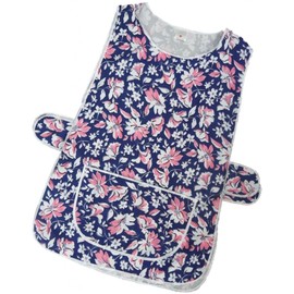 Ladies Floral Home Work Tabard Apron with Single Large Front Pocket, White Piping and Side Fastening Button Tabs