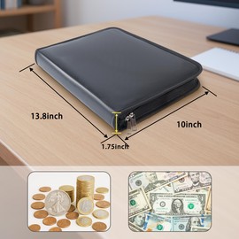Coin Collection Book with 300 Pockets and 36 Sleeves Money Storage Case, Fireproof and Waterproof Coin Album with Safety Cover for Currency, Bill, Pennies, Quarters, and Stamp Storage, 15 * 12 Inches