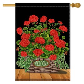 Fukeen Welcome Red Flower House Flag Double Sided 28x40 Inch Black Background with Geranium Poppy Floral Green Leaves Plants Farmhouse Decorations Vertical Yard Outdoor Flags