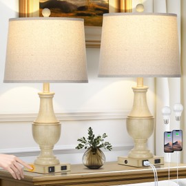 Farmhouse Vintage 3-Way Dimmable Table Lamp Set of 2 with USB A+C Charging Ports & AC Outlet, Rustic Mid Century Antique Traditional Bedside Lamps for Living Room Bedrooms Nightstand End Table White