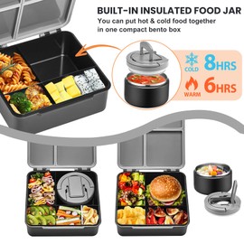 BABHAMNESS Bento Lunch Box with 8oz Soup Thermo,Kids Leakproof Lunch Food Containers with 4 Compartment,Kids Thermo Insulated Hot Food Jar and Lunch Bag for School,Trvael-Black