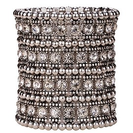 YACQ Women's Multilayer Stretch Cuff Bracelets Fit Wrist Size 6-1/2 to 7-1/2 Inch - Soft Elastic Band & 4 Row Crystals - 2-3/4 Inch Wide - Lead & Nickle Free