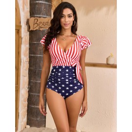 Blooming Jelly Women's Tummy Control Swimsuits Plus Size One Piece Bathing Suit Modest 4th of July Patriotic Swimwear (American Flag Print 01,XX-Large)