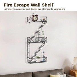 Fire Escape Wall Shelf, Black Metal Hanging Ladder Decor, New York 3-Tier Iron Display Shelf, Decorative Floating Wall Organizer for Bathroom, Living Room & Home Decor
