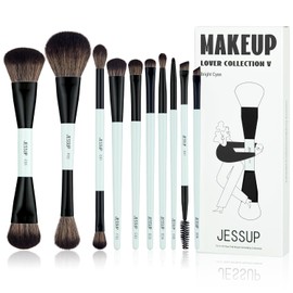 Jessup Set 10 Brochas para Maquillaje Doble Punta para Rostro y Ojos T500