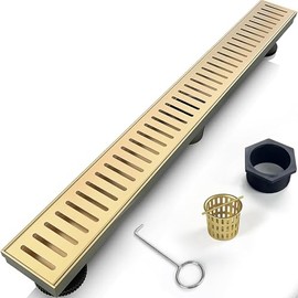 24 Inch Linear Shower Drain Bathroom Kitchen Golden Floor Drain Removable Capsule Pattern Cover Accessories Shower Drain 304 Stainless Steel Drain with Hair Strainer Adjustable Leveling Feet