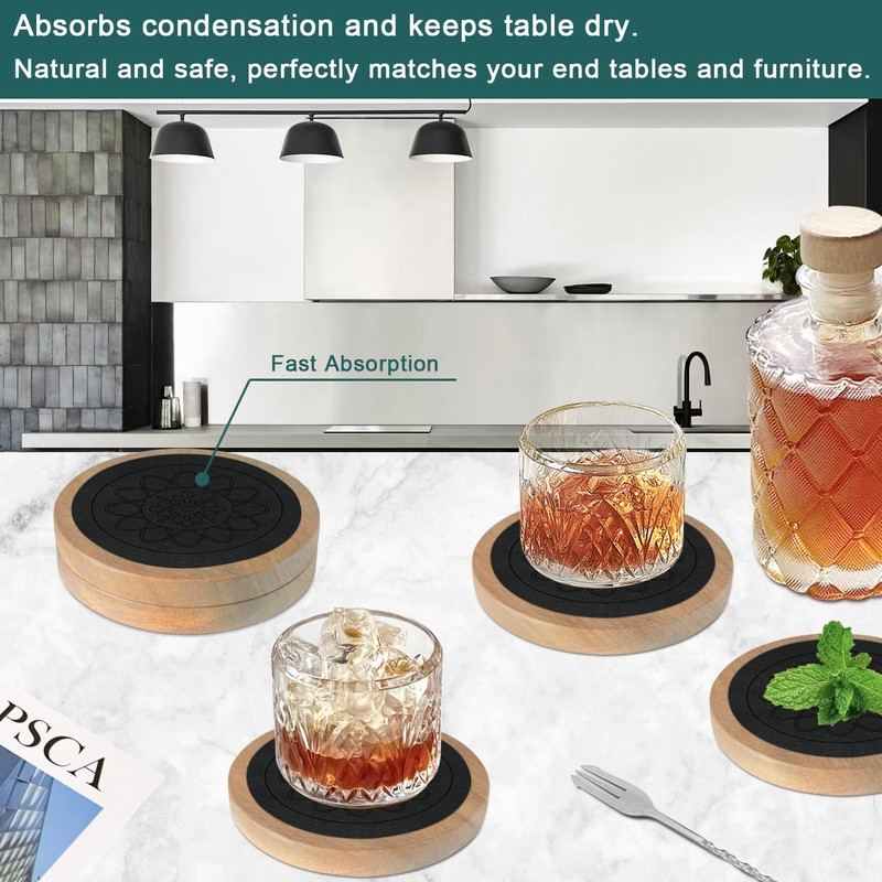 Wood Coasters for Drinks, Minacun Absorbent Coaster Sets of 5,