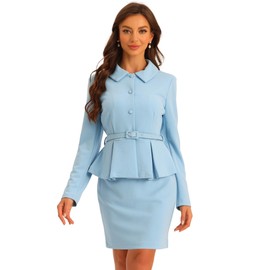 Allegra K Two Pieces Suits for Women's Business Peplum Blazer Jacket Mini Pencil Skirt Sets Large Light Blue