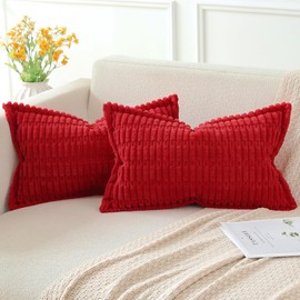 Artscope Red Cushion Covers Set of 2 Corduroy Decorative Square Striped Pillowcase with Stitched Edge Pillow Covers 40x60cm for Home Decor Sofa Bedroom Car