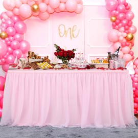 NSSONBEN 14FT Pink Tulle Table Skirt Fluffy and Elegant Tutu Table Skirts for Wedding Birthday Party Baby Shower (L168in×H30in)