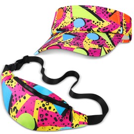Mepase 2 Pcs 80s 90s Fanny Pack 80s Outfit Sun Visor Hat Waist Bag 80s Accessories for Men Women Summer Party Golf Tournament(Vibrant)