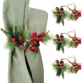 Angel Isabella Christmas Collection Napkin Rings - Cloth Napkin Holder For Table Setting, Pinecone Napkin Rings with Berries Accessories & Decor to Match Holiday Dinner Dining Table Top- Set of 6