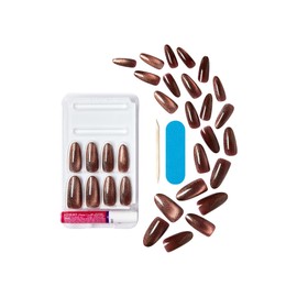 KISS Gel Fantasy 28 Pcs Press On Nails, Long Almond Fake Nails, Brown Magnetic Cat Eye Polish Stick On Extensions, Reusable Velvet Full Cover Kit with Glue, Manicure Stick & File, Wear for 7 Days